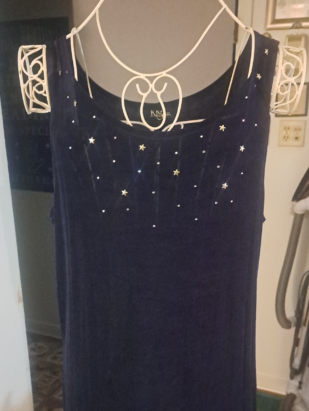 Vintage Black Sleeveless Midi Dress With Star And Rhinestone Embellishment, Sz L